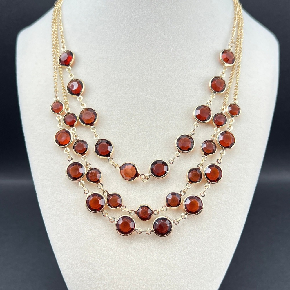 Swarovski 3 Strand Necklace Gold Tone Brown Crystal Open Bezel Signed 19"